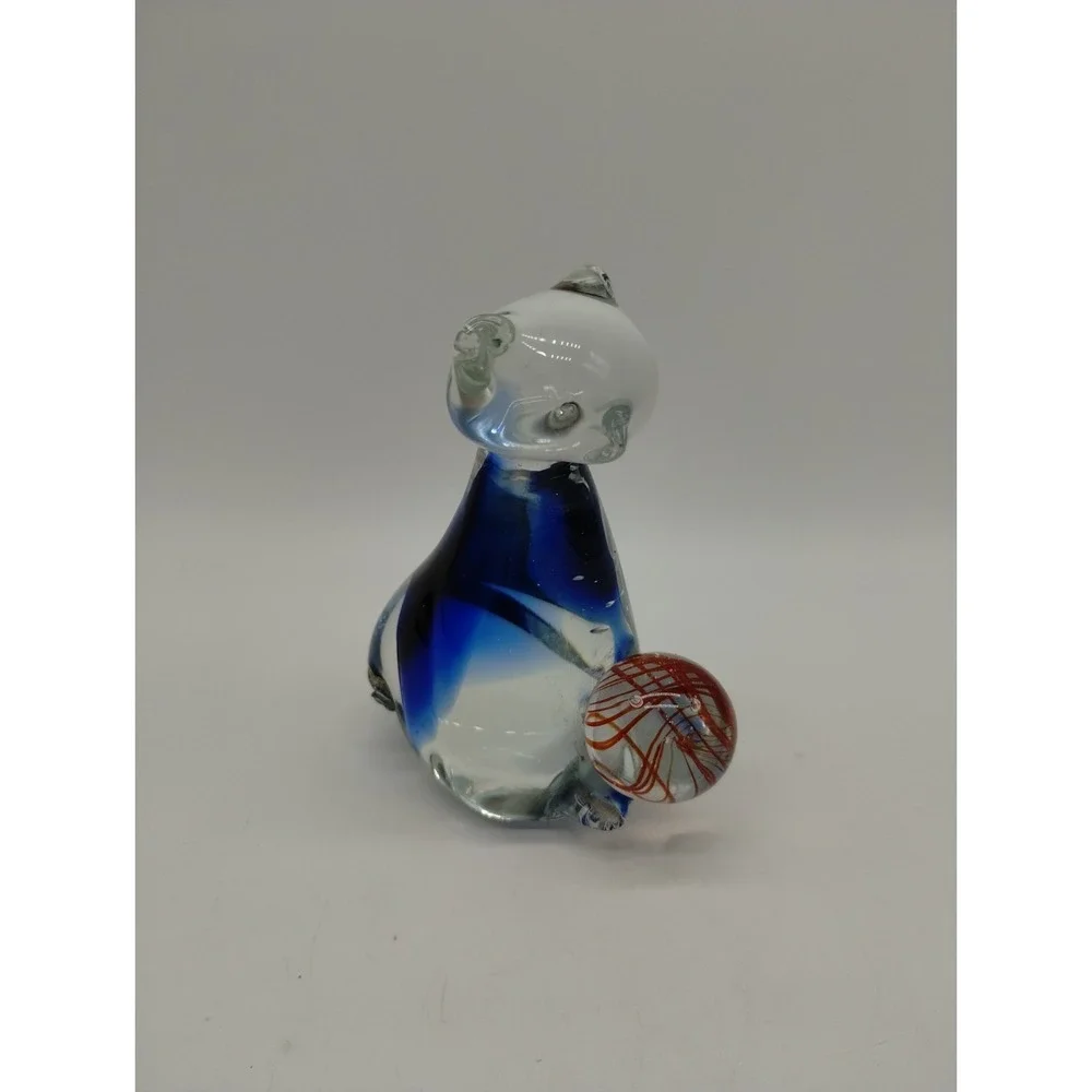 Art Glass Cat Kitten Figurine Paperweight Clear w/ Cobalt Blue Orange Ball Yarn
